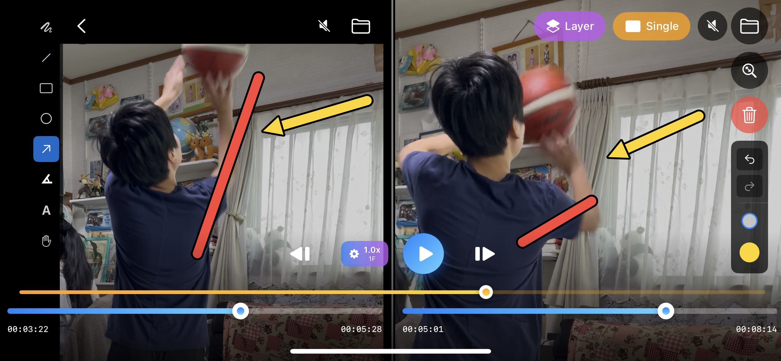iPhoneで動画にマークアップして分析するMotion Markerの画面